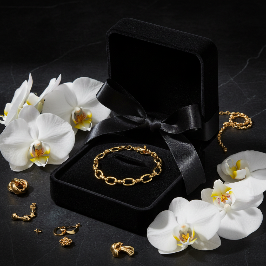 Gouden schakelarmband in luxe doos met orchideeën