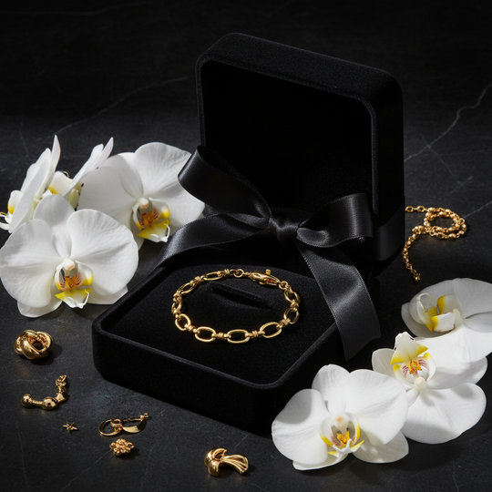 Gouden schakelarmband in luxe doos met orchideeën