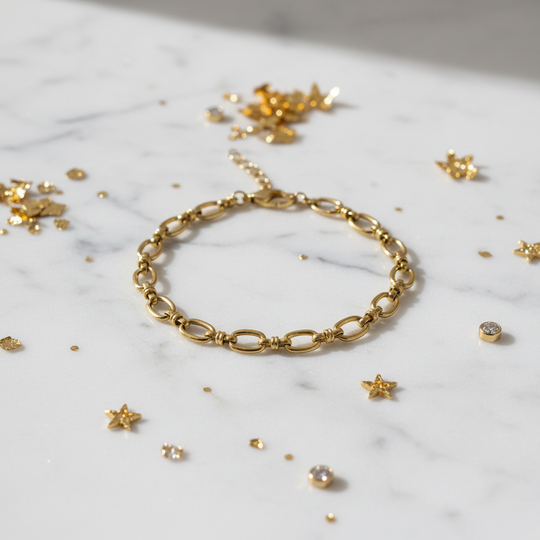 Gouden schakelarmband op marmer met confetti