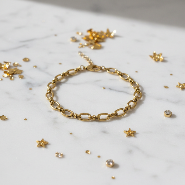 Gouden schakelarmband op marmer met confetti