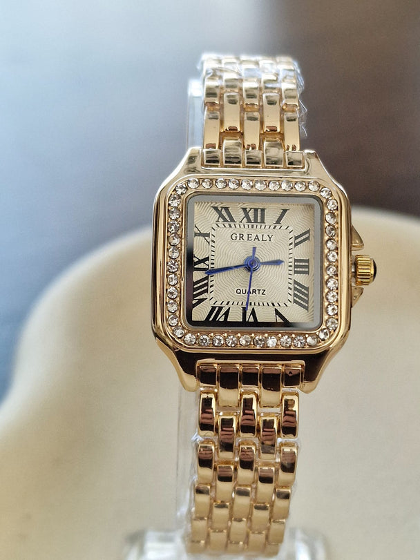 Quadratische Damenuhr, Quarz, wasserdicht, Zirkonia