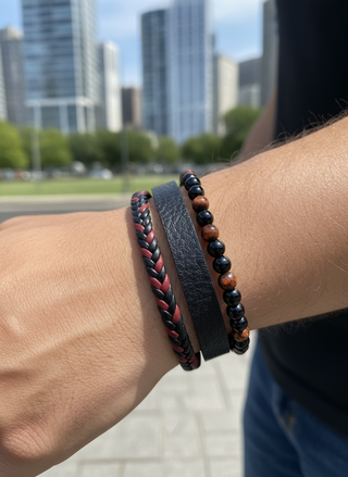 Heren armbandenset leer en tijgeroog - foto 1