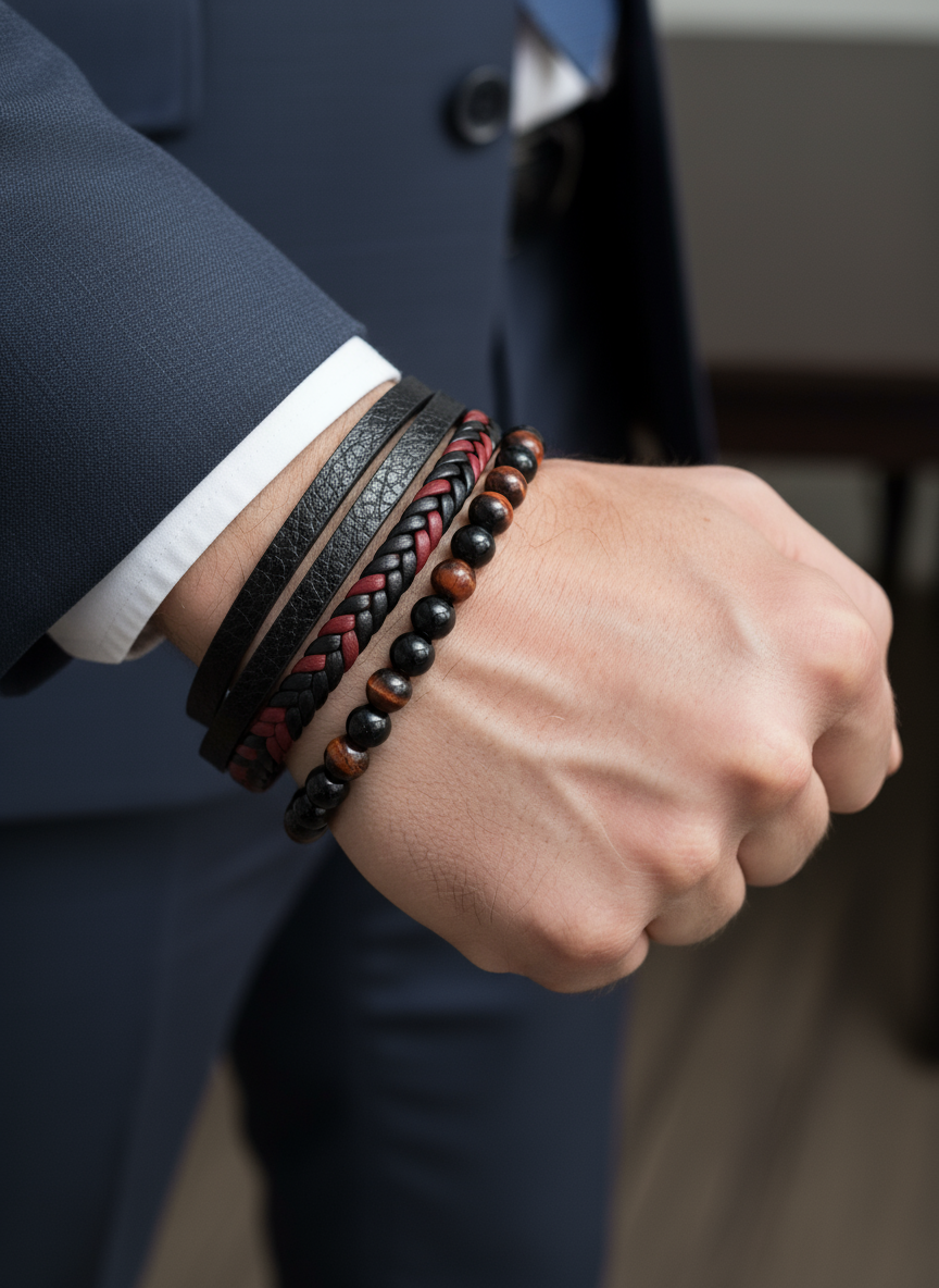 Heren armbandenset leer en tijgeroog - foto 2