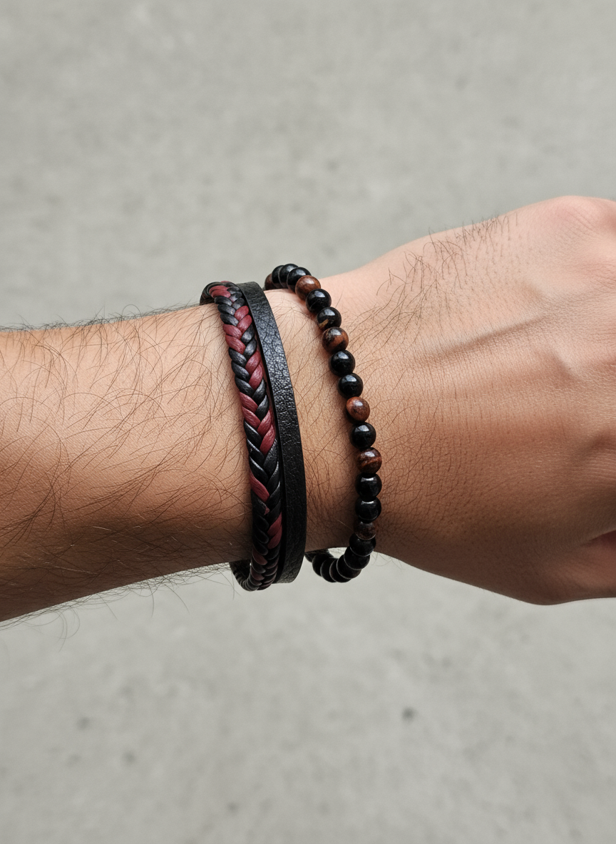 Heren armbandenset leer en tijgeroog - foto 4