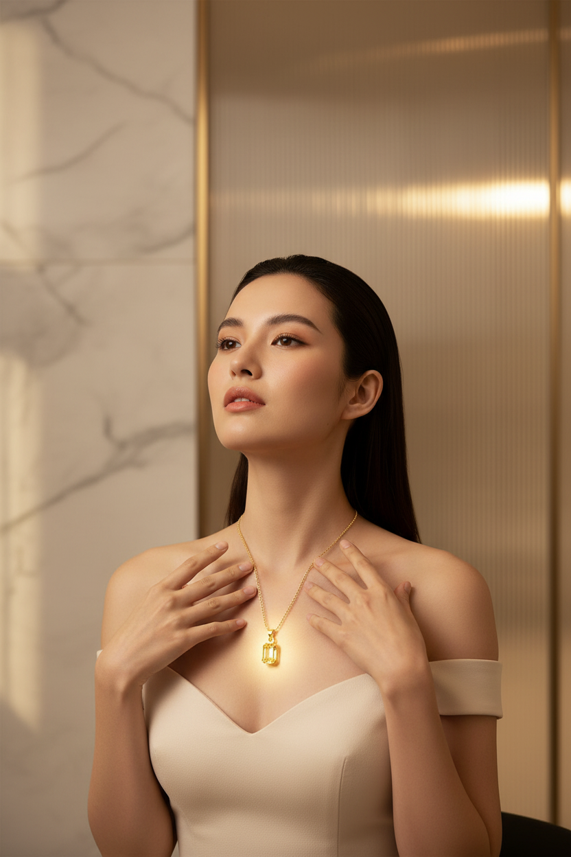 Model draagt gouden ketting met gele kristal hanger - zwevende stijl