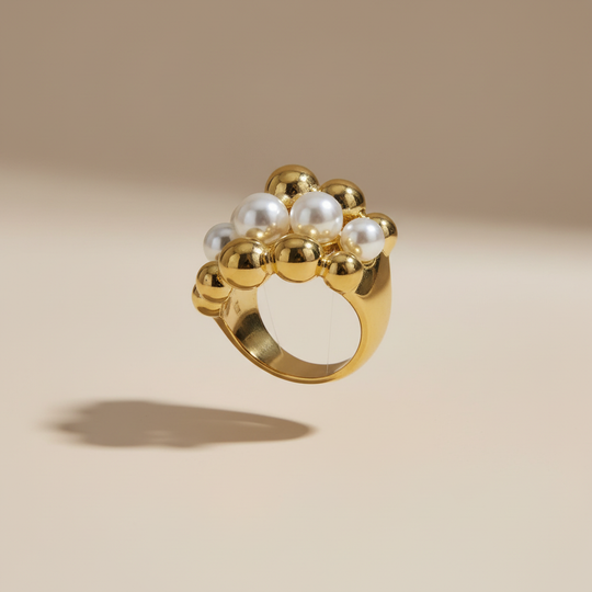 Zwevende parel ring goud bolletjes