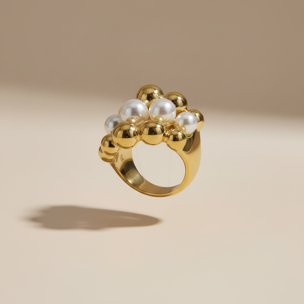 Zwevende parel ring goud bolletjes