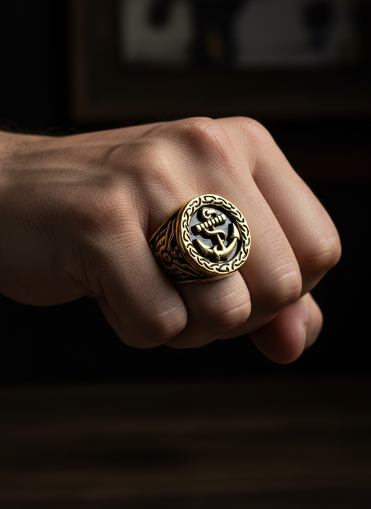 Vintage Viking Zwarte Anker Ring voor Mannen 18K Verguld Roestvrij Staal