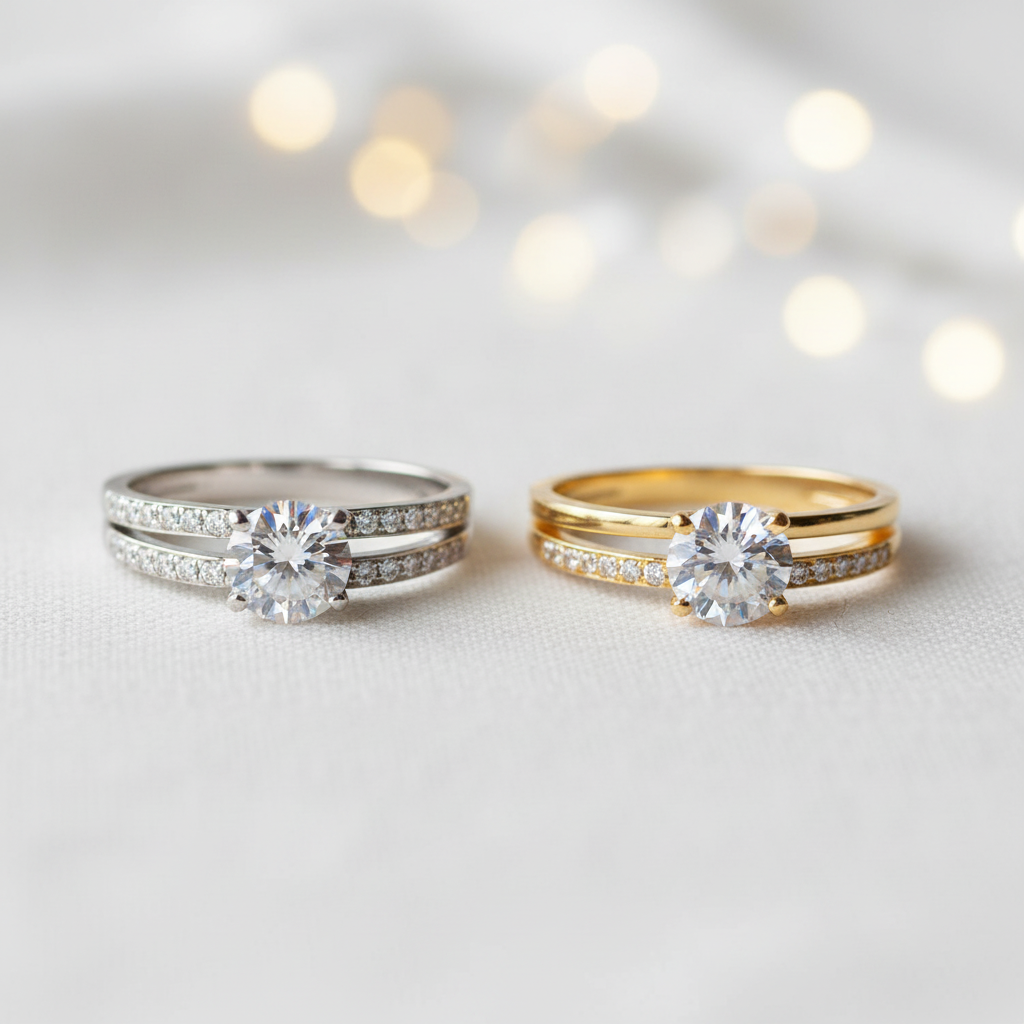 Close-up detail solitaire en band goud en zilver