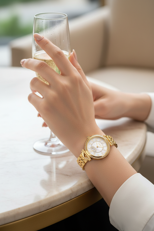 Close-up model met gouden horloge