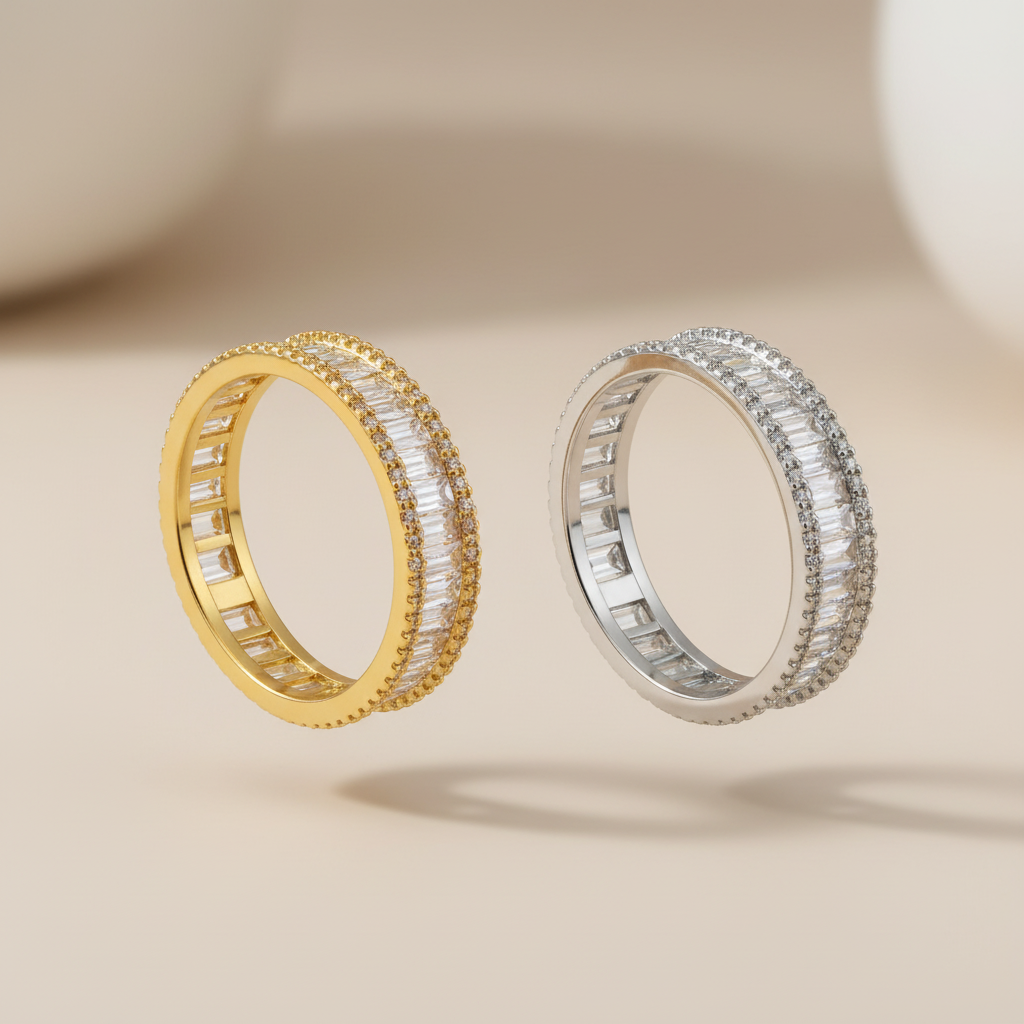 Zwevende baguette ringen goud en zilver