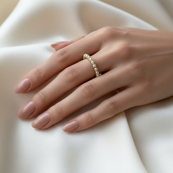 Model draagt AAAA zoetwaterparel ring