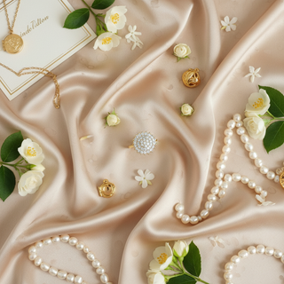 Lifestyle flatlay zirkonia bloem ring met luxe elementen