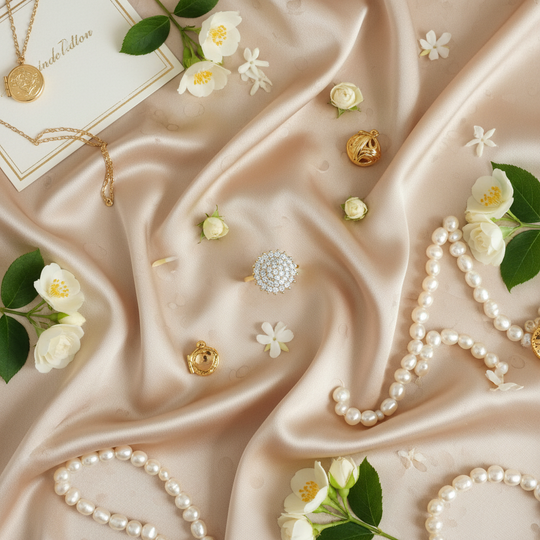 Lifestyle flatlay zirkonia bloem ring met luxe elementen