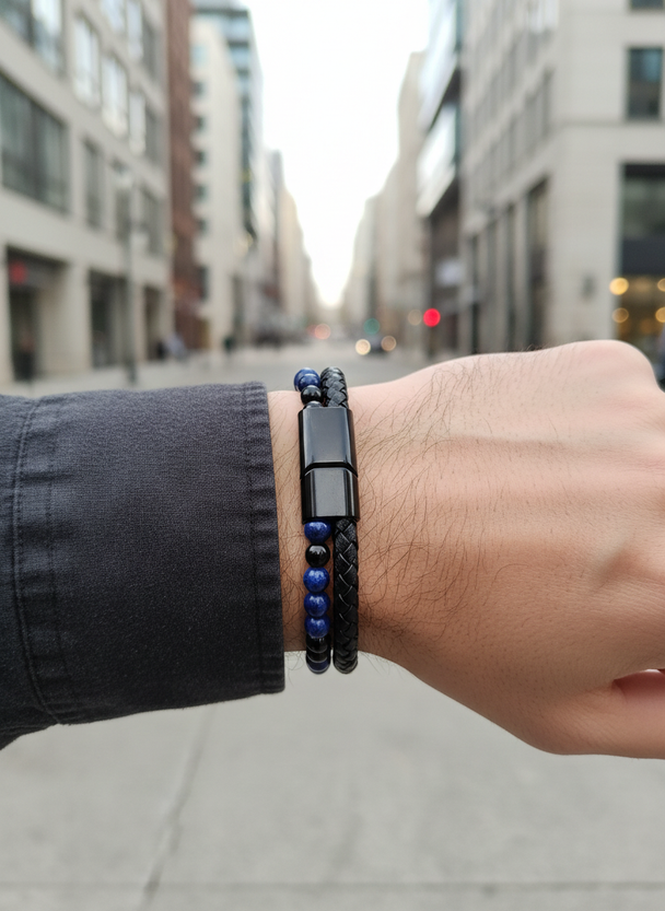 Heren Armband Blauw Leer