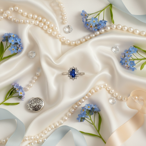 Lifestyle flatlay Lady Diana ring met luxe elementen