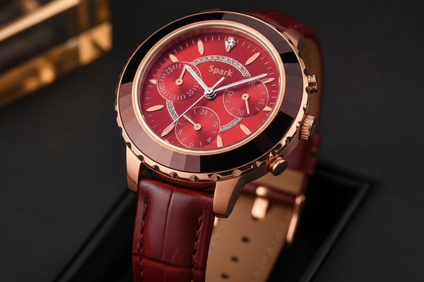 Detail shot rode wijzerplaat en leren band