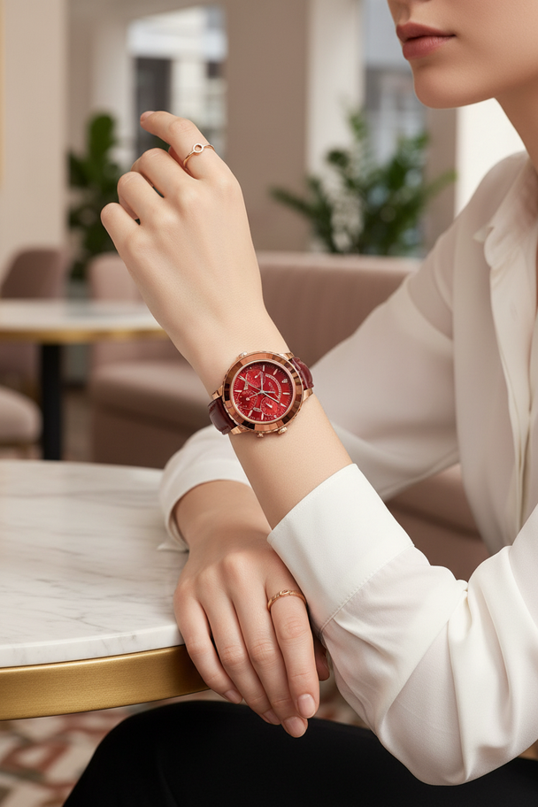 Model draagt rosé gouden horloge met rode wijzerplaat