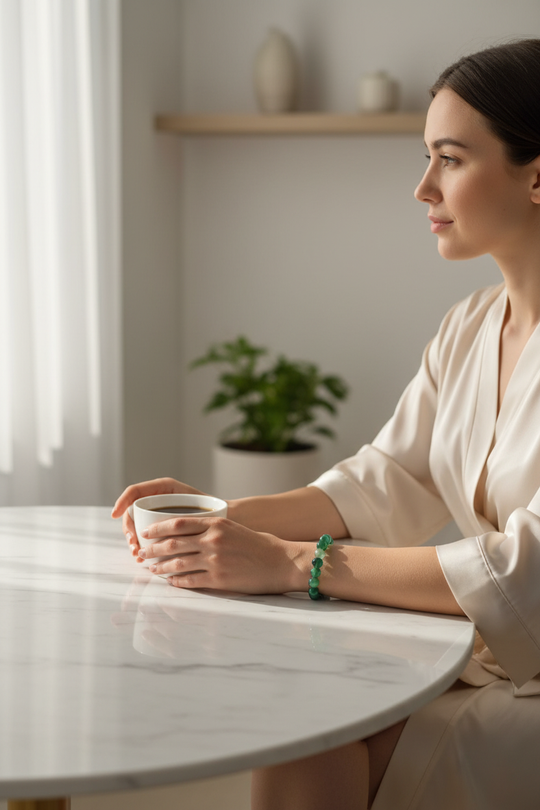 Lifestyle shot groene agaat armband wellness