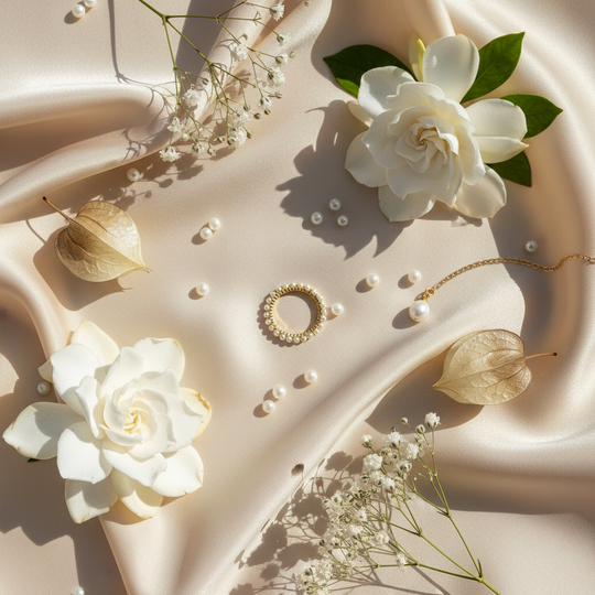 Lifestyle flatlay parel ring met luxe elementen