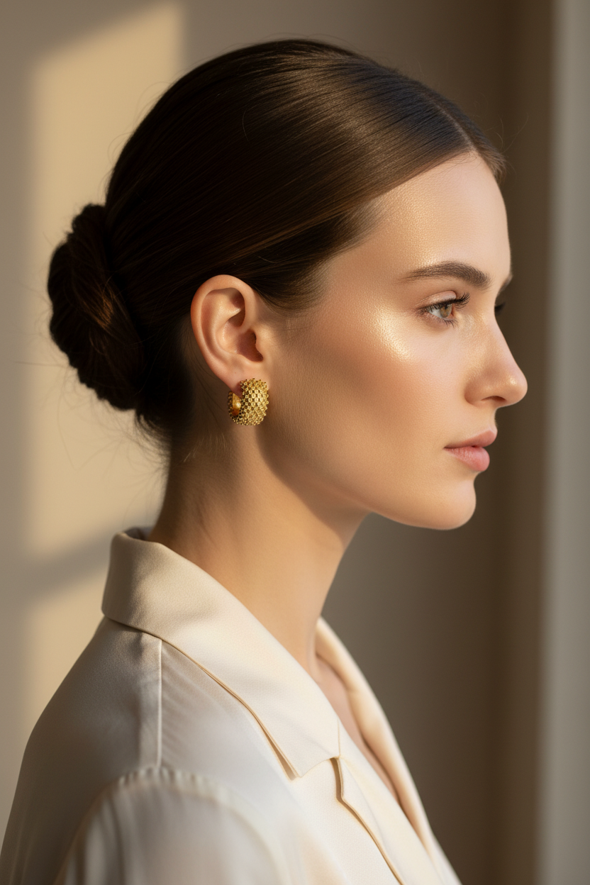 Model draagt gouden creool oorbellen gestructureerd bolletjes