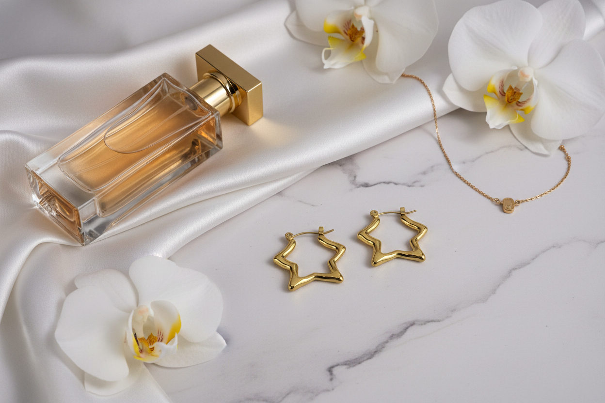 Gouden ster creool oorbellen op wit marmer met satijn en parfum