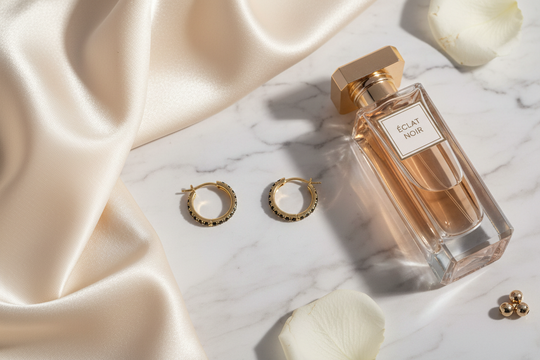 Gouden creool oorbellen zwarte zirkonia op wit marmer met satijn en parfum