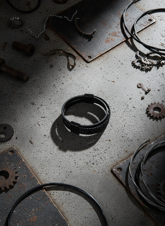 Heren Armband Zwart Leer Triple