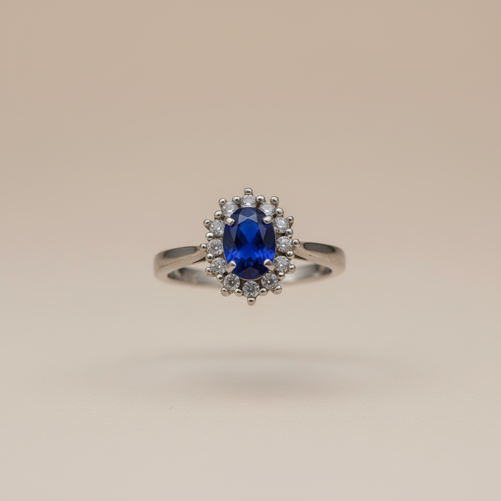 Zwevende Lady Diana ring zilver blauwe saffier