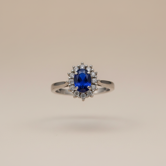 Zwevende Lady Diana ring zilver blauwe saffier
