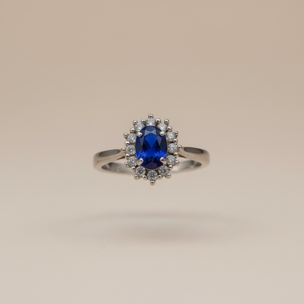 Zwevende Lady Diana ring zilver blauwe saffier