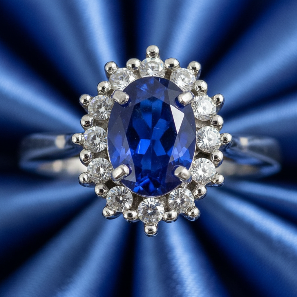 Close-up detail blauwe saffier en zirkonia halo