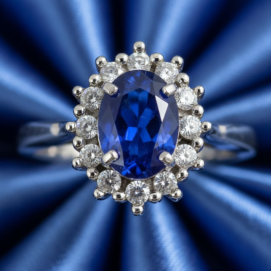 Close-up detail blauwe saffier en zirkonia halo