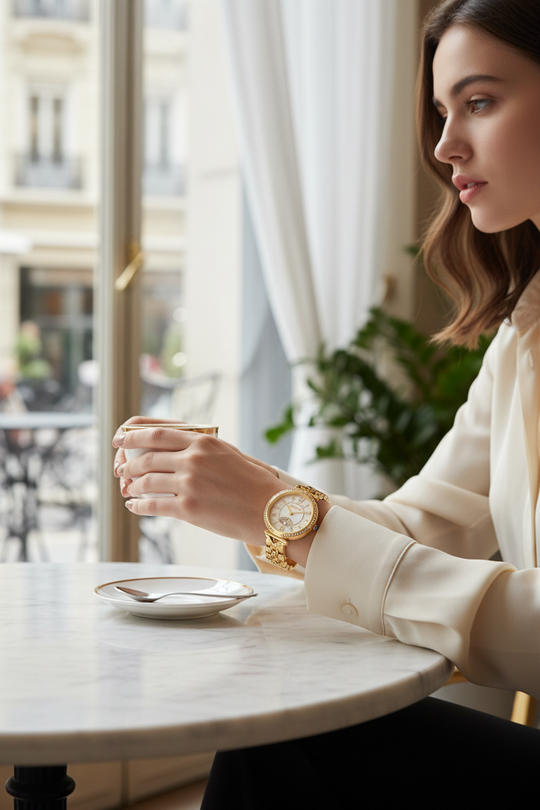 Model draagt gouden horloge met parelmoer