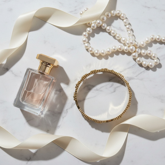 Gouden verstelbare armband bloemen flat lay luxe