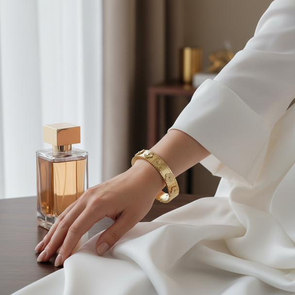 Model met gouden verstelbare armband bloemen