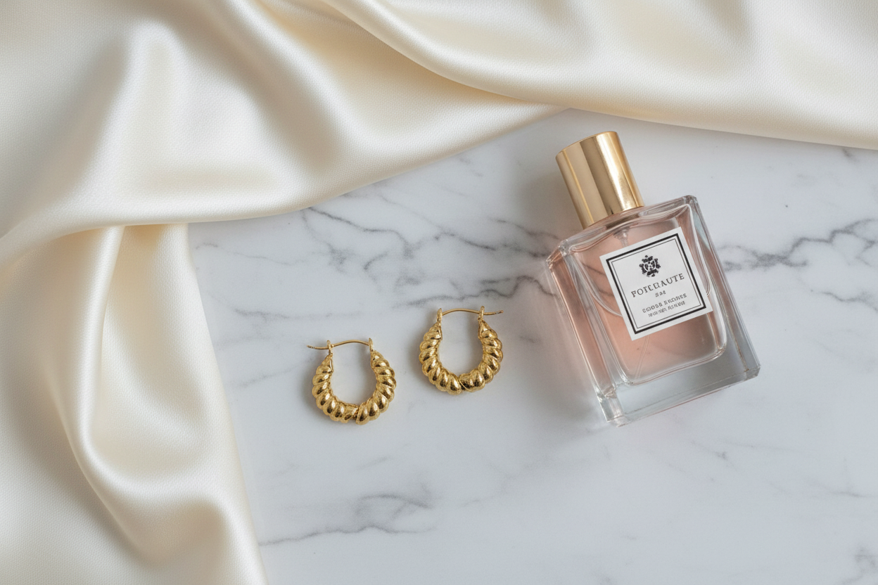 Gouden croissant creool oorbellen op wit marmer met satijn en parfum