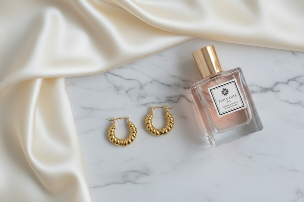 Gouden croissant creool oorbellen op wit marmer met satijn en parfum