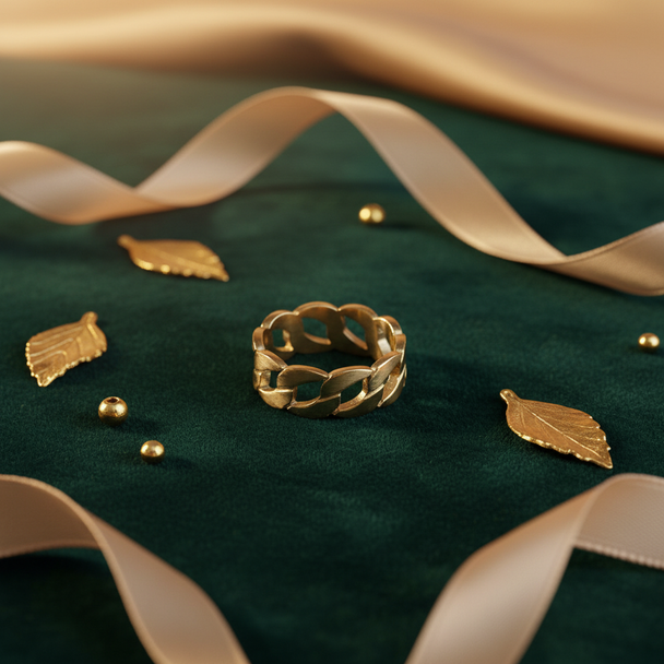 Gouden chunky chain ring luxe styling - groen fluweel
