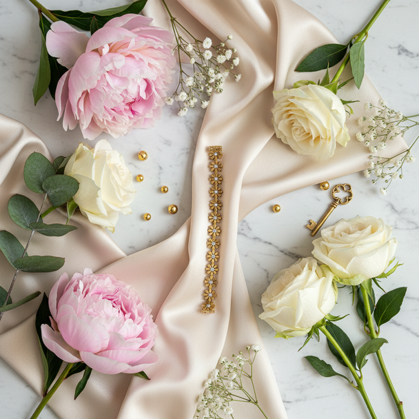 Lifestyle flatlay bloemen armband met botanische elementen