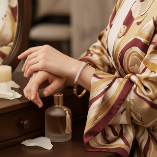 Gouden bangle armband met zirkonia lifestyle foto met parfum