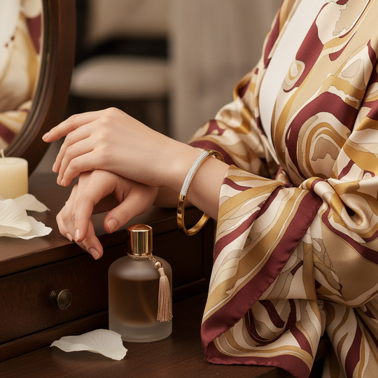 Gouden bangle armband met zirkonia lifestyle foto met parfum