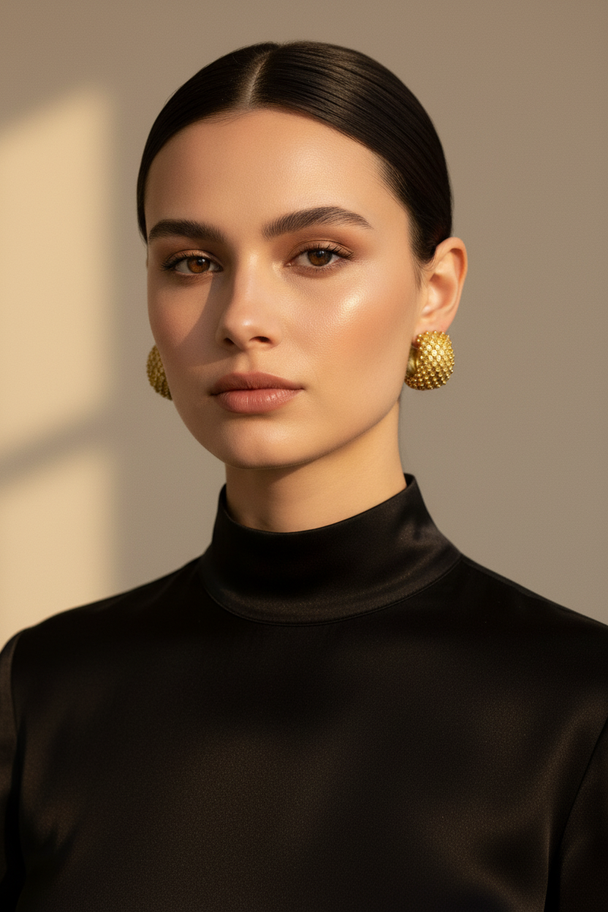 Model portret met gouden creool oorbellen gestructureerd