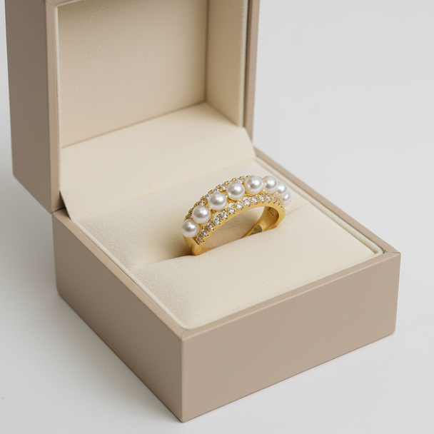 Parel en zirkonia ring in luxe sieradendoos