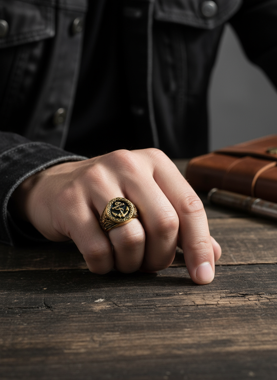 Vintage Viking Zwarte Anker Ring voor Mannen 18K Verguld Roestvrij Staal