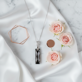 Zwarte kristal ketting flatlay styling met luxe elementen