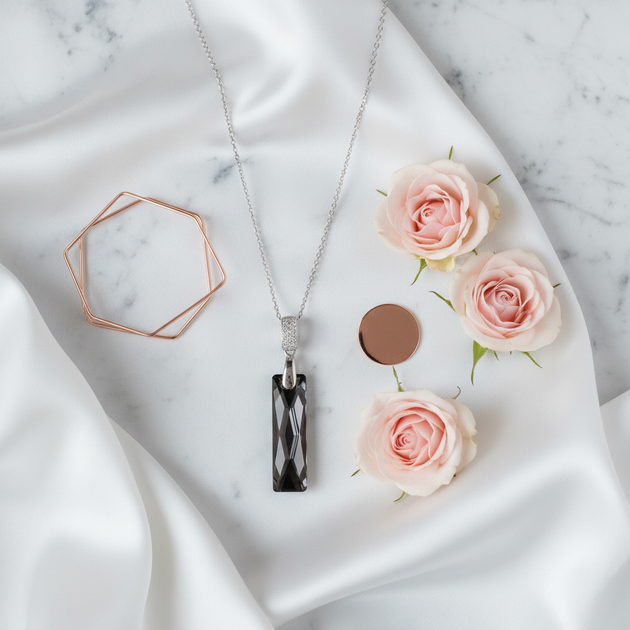 Zwarte kristal ketting flatlay styling met luxe elementen