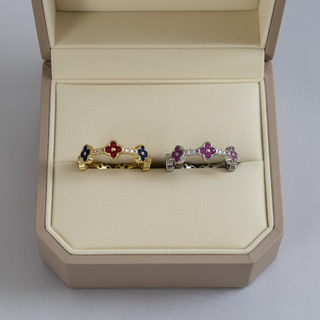 Beide kleuren klavervier ringen in luxe sieradendoos