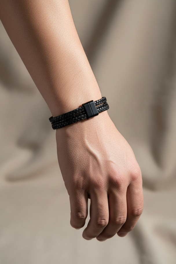 Handmodel met zwarte leren armband