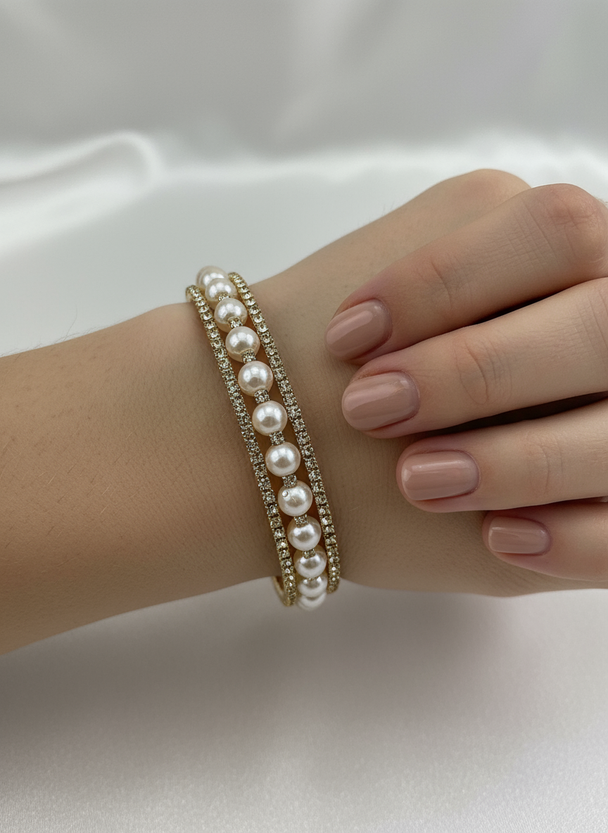 Nischenperlenarmband mit Bergkristall – goldfarben – elastisch